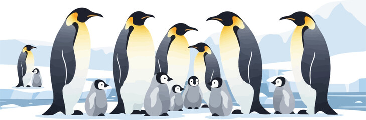 Naklejka premium Group of emperor penguins and chicks in a pixelated icy landscape