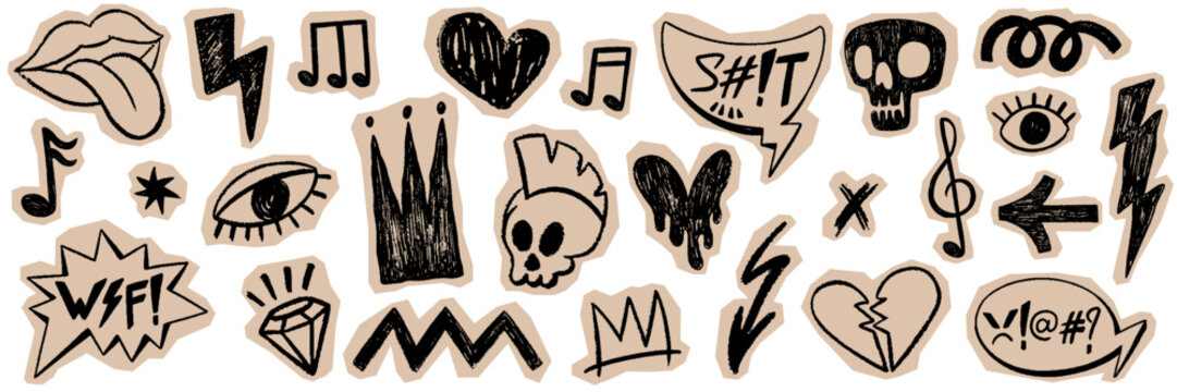 Scrapbook collage punk and rock style crayon drawn shapes. Texture torn grunge collection of graffiti doodle figures. Hand drawn fire, lightning, speech bubbles, rock and roll on cutout paper.