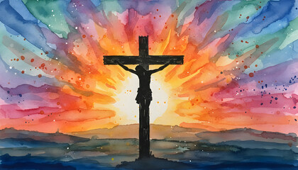Silhouette of crucified Jesus Christ on cross on colorful sunset art background.