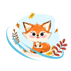 Cute cartoon fox with big eyes sitting among autumn leaves. Adorable kids style artwork for postcards, stickers, posters, prints and decorative projects.