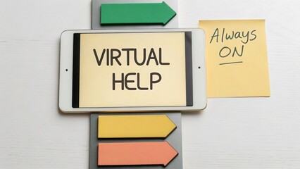 Naklejka premium Tablet showing Virtual Help with arrows in flatlay layout