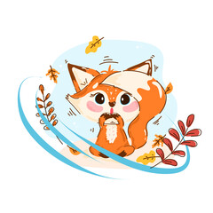 Cute cartoon fox with big eyes and a surprised expression sitting among autumn leaves. Adorable kids style artwork for postcards, stickers and decorative prints.