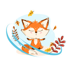 Cute cartoon fox with closed eyes sitting in a relaxed pose among autumn leaves. Calm kids style artwork for postcards, stickers, posters and decorative prints.