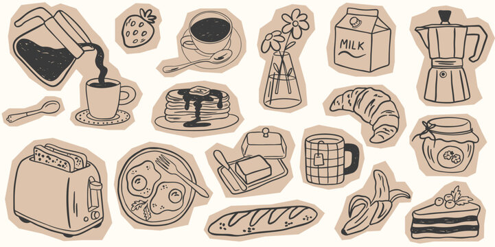 Hand drawn scrapbook collage breakfast element collection. Doodle food, coffee, la dolce vita breakfast set with beige craft tear paper. Vector torn line art elements for invitation, menu, party