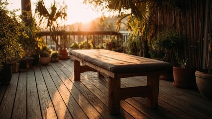 Obraz premium A weathered wooden bench on a sunlit deck, surrounded by potted plants, at sunset. Concept Sunset Deck, Weathered Wooden Bench, Potted Plants, Golden Hour Photography