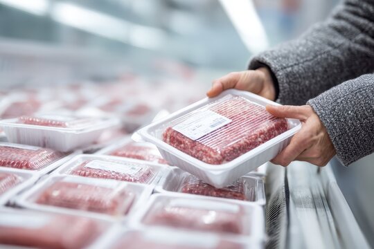 Woman buying plastic tray packaging of minced meat in the meat department of the supermarket. Customer holding a package of Fresh plastic wrap ground beef. Grocery store cooler display. Food storage.