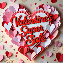 Valentines day super sale background with heart paper art