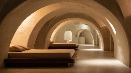 Fototapeta premium A cave-like interior with smooth beige arches forming a tunnel and low platform beds with cushions along the walls. Concept Cave-like interior, Smooth beige arches forming a tunnel
