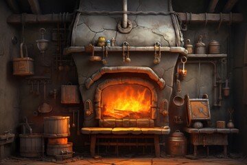 Obraz premium Dark medieval forge interior featuring a stone furnace with a roaring fire and blacksmith tools