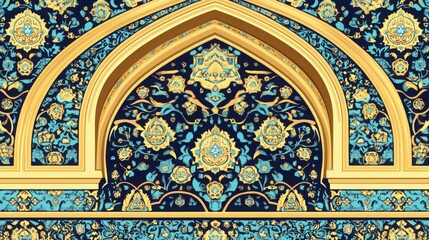 Obraz premium Intricate Floral Pattern Within a Decorative Archway with Gold and Blue Hues