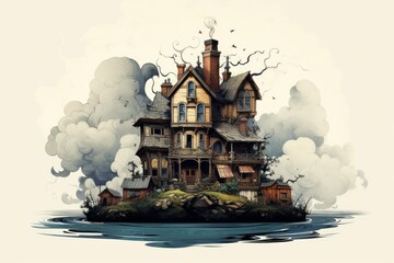 Obraz premium Old house on an isolated island surrounded by swirling mist and dark water