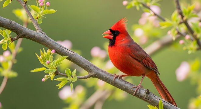 A male northern cardinal sings from a branch amidst delicate spring blossoms.