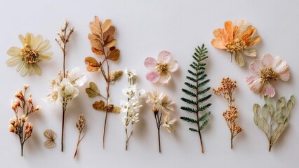 Assorted dried pressed flowers and foliage laid out in a neat row. Concept Dried pressed flowers arranged in a neat row, Rustic botanical flat lay with petals and leaves