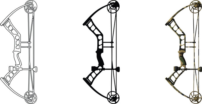 Set of compound bow illustrations showing outline silhouette and camouflage design for archery sports and hunting isolated on white