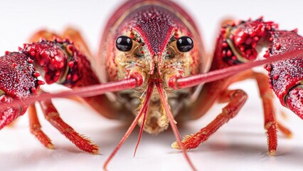 Macro shot of a red lobster facing the camera, its big black eyes, long antennae, and spiky claws clearly visible. Concept Macro Photography, Red Lobster, Close-Up, Ocean Life, Antennae and Eyes
