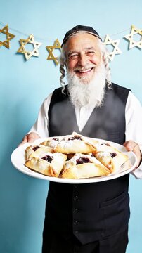 A happy elderly Jewish man with sidelocks, hat with hamantaschen cookies on a blue background with a gold garland with hexagrams, streamers. The festive, joyful atmosphere of Purim holiday