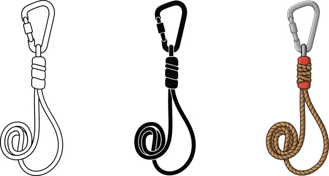 Set of carabiner and rope icons climbing gear symbols for outdoor adventure and safety vector illustration on white background