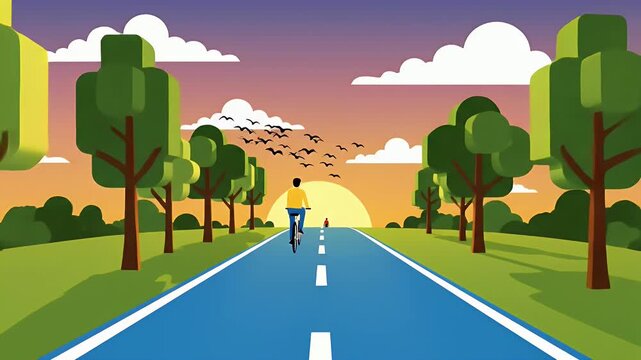 Man cycling on a tree-lined road at sunset with another cyclist