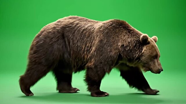 Brown bear walking on green screen in studio