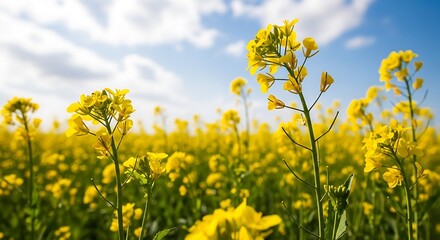 Fototapeta premium Close-up field of bright yellow flowers under a bright blue sky with fluffy clouds