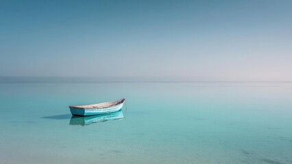 Fototapeta premium A small blue wooden boat floats on calm turquoise water under a hazy blue sky. Concept Blue wooden boat, turquoise water, calm sea, hazy blue sky, nautical scene