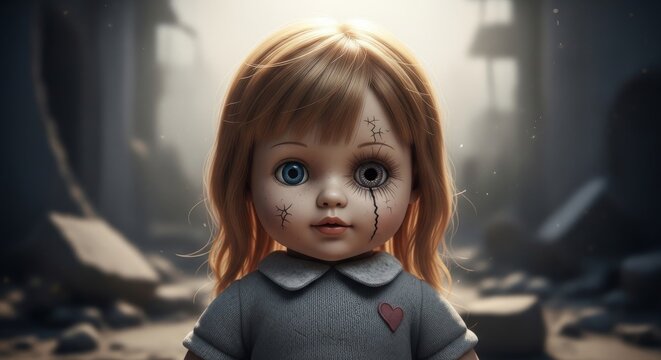 Creepy Vintage Doll with Stitched Face and Uneven Eyes