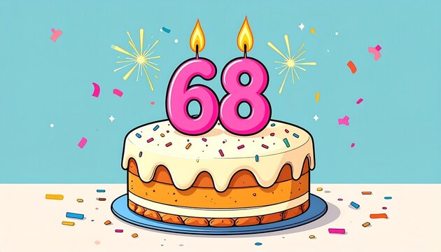 Cartoon birthday cake with number 68 candle. Illustration for birthday or anniversary celebration