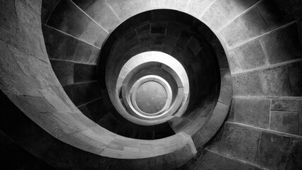 Fototapeta premium Black-and-white spiral staircase viewed from above, circular rings of stone steps descending into a cylindrical shaft. Concept Spiral staircase, Aerial view, Black-and-white architecture
