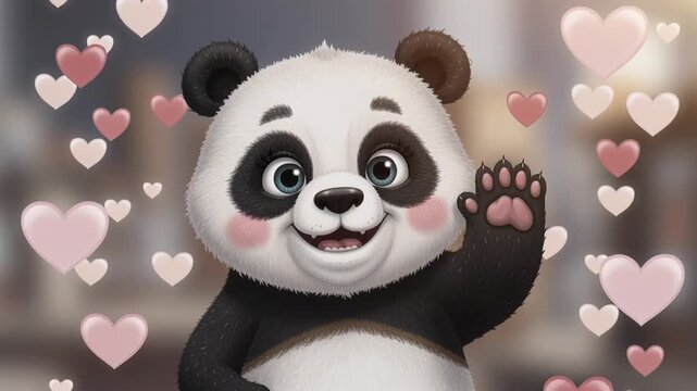 panda waves cheerfully as heart icons float around in bright cute animation, loopable kids content with copy space by Generative AI