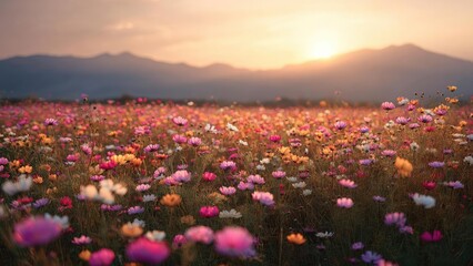 Obraz premium Sunset over a field of colorful wildflowers with distant mountains on the horizon. Concept Sunset over wildflowers, Colorful meadow at dusk, Distant mountains on the horizon
