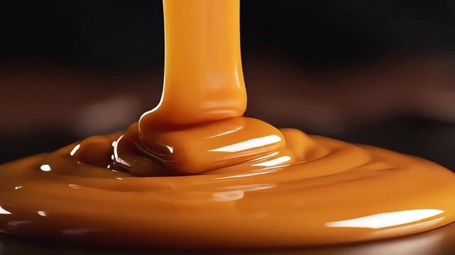 Golden Caramel Sauce Pouring Down in Macro Close Up