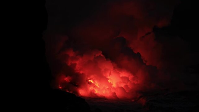 Dramatic volcanic lava flow entering the ocean on the Big Island of Hawaii. Glowing molten lava meets seawater, creating intense steam clouds and fiery red light against a dark coastal landscape.