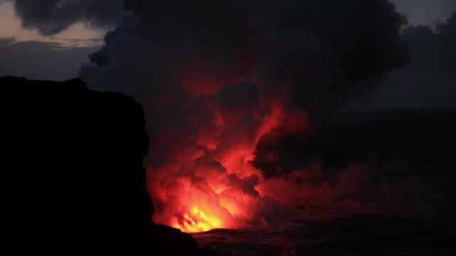 Dramatic volcanic lava flow entering the ocean on the Big Island of Hawaii. Glowing molten lava meets seawater, creating intense steam clouds and fiery red light against a dark coastal landscape.