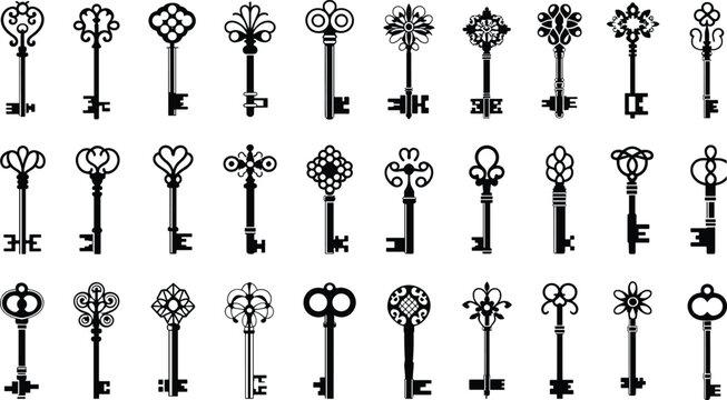 Ornate vintage key silhouettes, decorative bow designs, floral geometric motifs, antique style, historical reference, puzzle game icons, cad drawing flat vector illustration