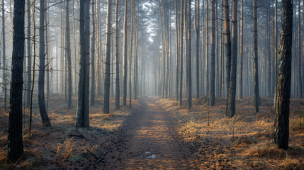 Obraz premium Misty pine forest path at sunrise, top-down symmetrical flat lay, luxury studio aesthetic