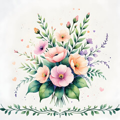 Watercolor flowers floral illustration leaf and buds botanic composition for happy valentines day