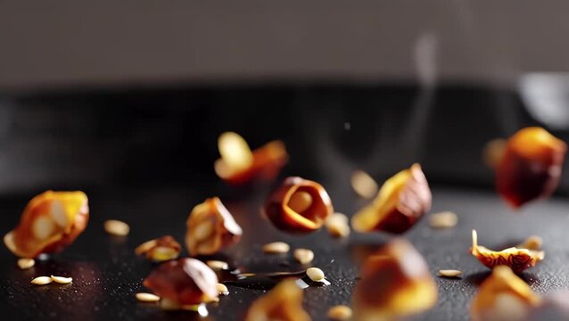 Close-Up of Cracked Apricot Kernels and Seeds on a Dark Surface
