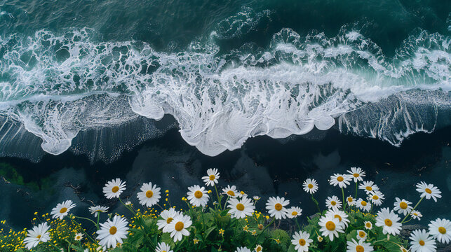 Aerial drone shot of black sand beach with crashing waves, springtime blooming flowers and pastel sky, soft bokeh and matte finish