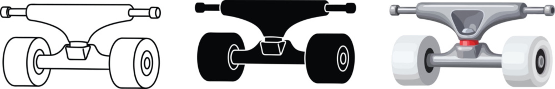 Collection of skateboard trucks in outline silhouette and realistic styles representing parts for extreme sports and urban culture