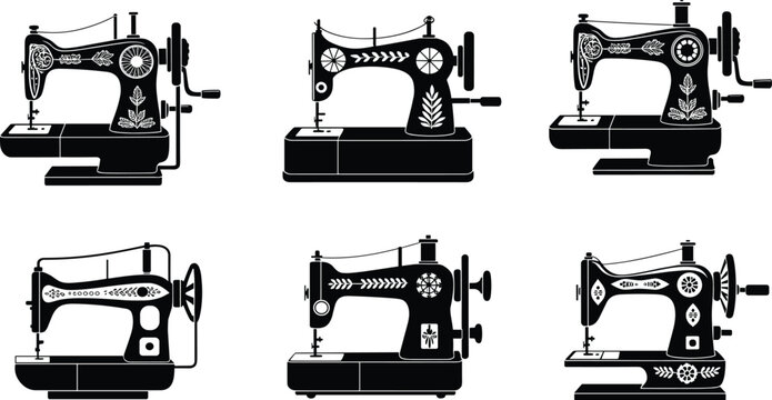 Vintage sewing machine silhouettes, decorative floral geometric patterns, textile arts, retro machinery, fashion design, tailoring equipment, antique style, cad drawing flat vector illustration