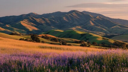 Obraz premium Golden rolling hills at sunset with a purple lavender field in the foreground and distant mountains. Concept Golden Hills at Sunset, Lavender Field Foreground, Mountain and Sky Silhouette