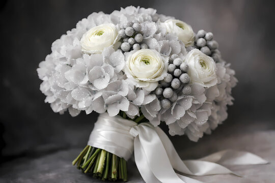 Luxurious bridal bouquet featuring flowers in the Pantone Color of the Year 2026, Cloud Dancer . Hydrangeas, ranunculus, brunia with silk ribbon. Dew drops, soft background. Romantic, elega