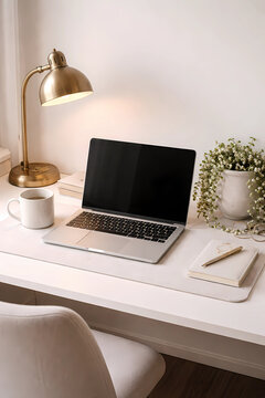 Desk vignette with a laptop on a Cloud Dancer 11-4201 TCX (Pantone Color of the Year 2026) felt pad. Matching mug, String of Pearls plant, brass lamp. Orderly, creative home office aesthetic.
