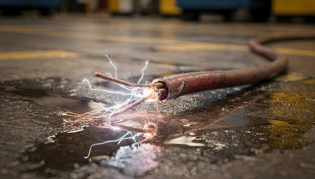 Hazardous Electrical Cable Sparking in Puddle on Factory Floor, Highlighting Workplace Safety Concerns and Potential Dangers of Damaged Equipment and Water Contact Dangerously