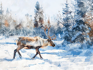 Reindeer Walking Through Snowy Forest