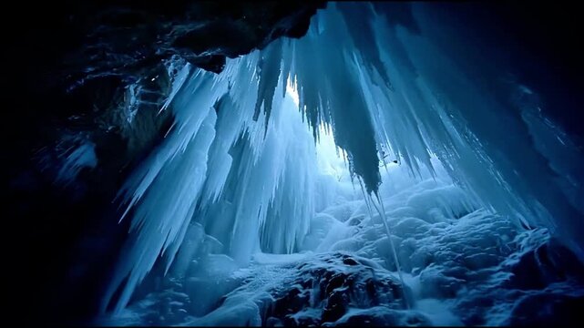 Dramatic frozen cavern background with mystical blue lighting