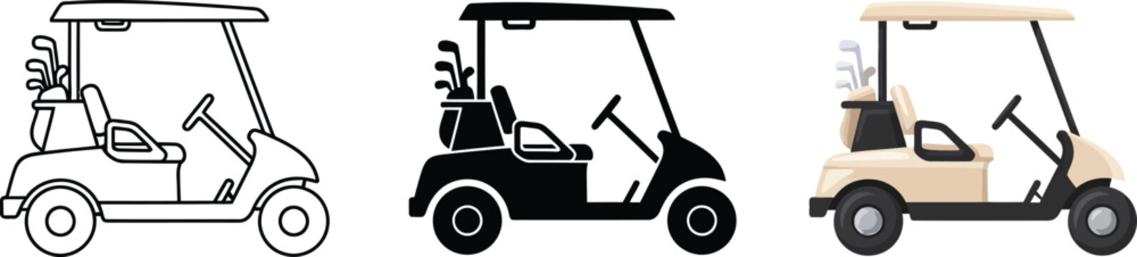 Collection of golf cart icons in outline solid black and color representing transportation for golf courses and leisure
