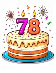 Cartoon birthday cake with number 78 candle. Illustration for birthday or anniversary celebration