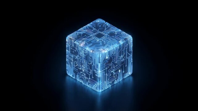 A glowing translucent cube features intricate circuit board patterns, emitting a vibrant blue light against a deep black background. The image has futuristic vibes