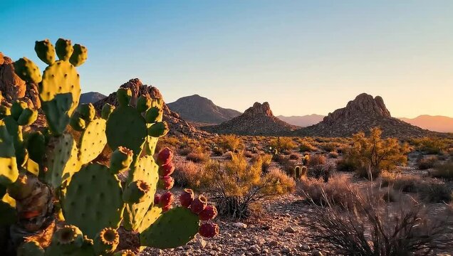 Desert Sunset with Prickly Pear Cactus and Golden Mountains Serene Nature Landscape 4k Video
